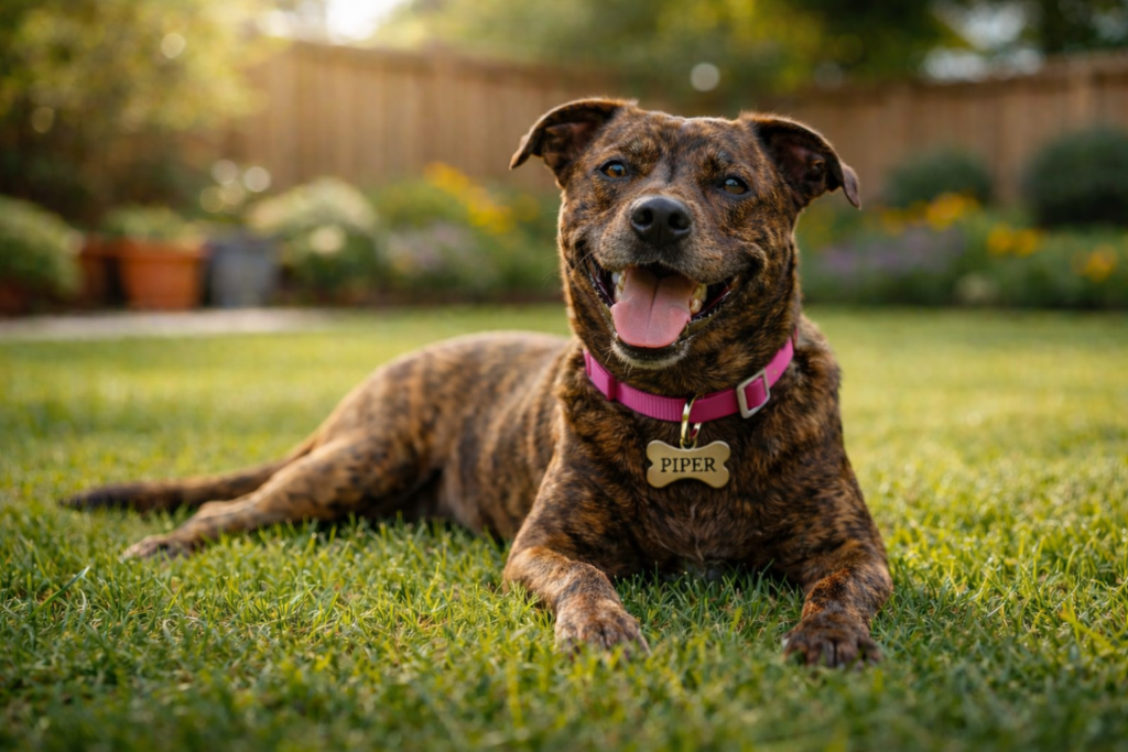 dog relaxing in flea free yard after natural flea and tick yard treatment pink collar piper brindle dog