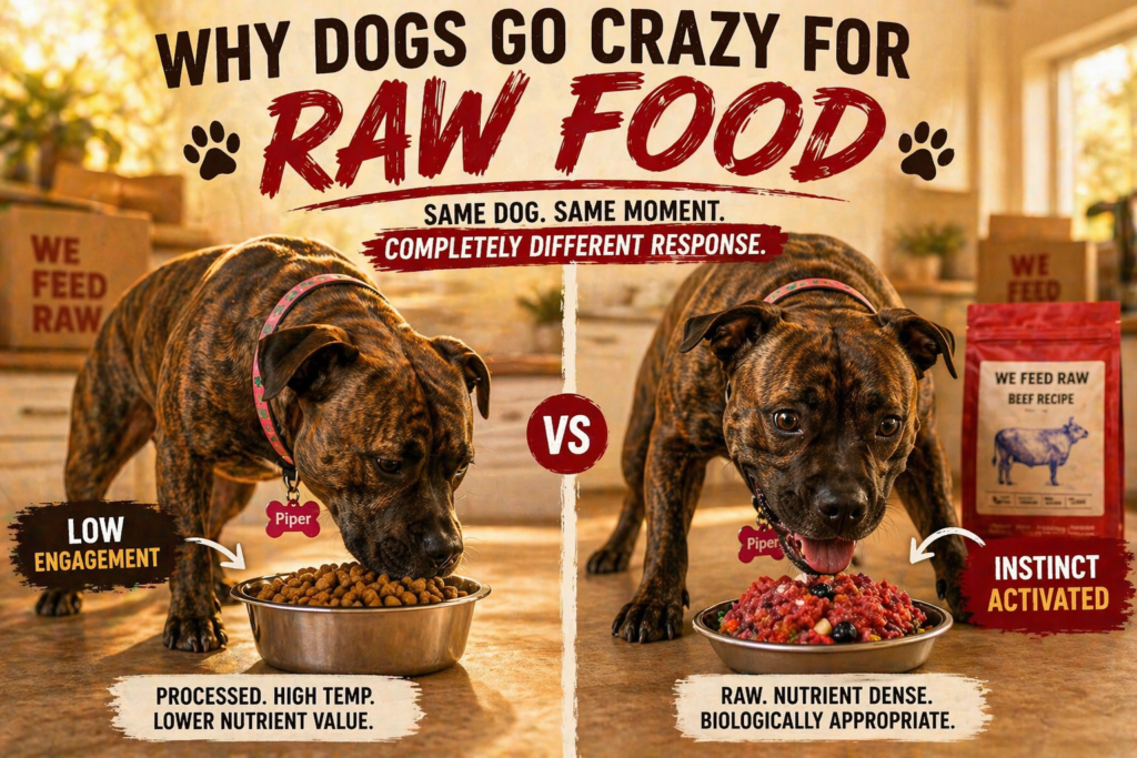 dog ignoring kibble but excited for raw food comparison showing why dogs prefer raw diet