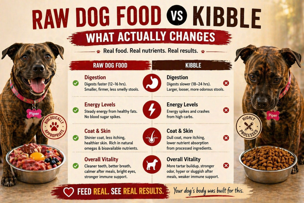 infographic comparing raw dog food vs kibble showing digestion energy levels coat health and overall dog vitality differences