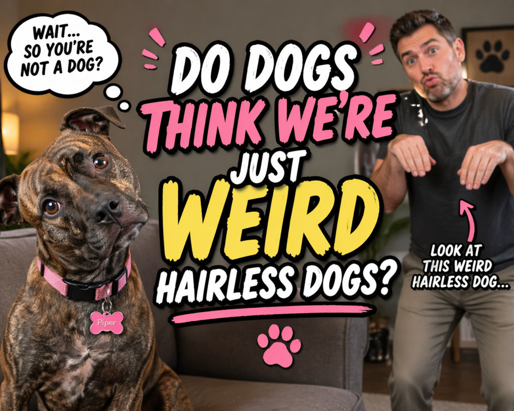 Brindle dog Piper with pink collar and name tag tilting her head in confusion while looking at a human acting like a dog funny dog behavior image
