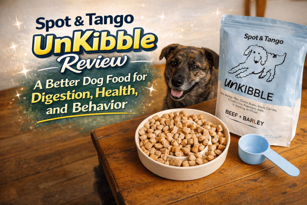 Brindle dog Piper sitting at a table next to a bowl of Spot & Tango UnKibble beef and barley dog food with product bag, highlighting digestion, health, and behavior benefits