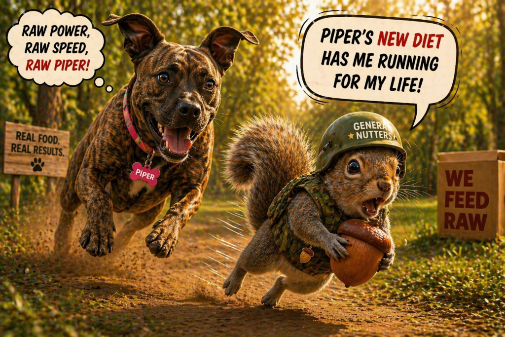 funny image of brindle dog Piper chasing squirrel General Nutters wearing helmet and holding acorn reacting to raw dog food diet
