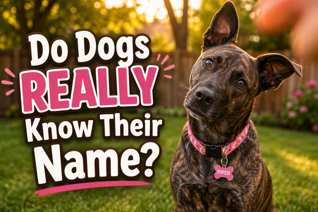 brindle dog with pink collar and Piper name tag tilting head in backyard while listening to owner call its name