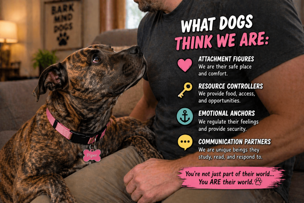 brindle dog Piper with pink collar resting on owner’s lap looking up with trust showing strong dog human bond and emotional connection