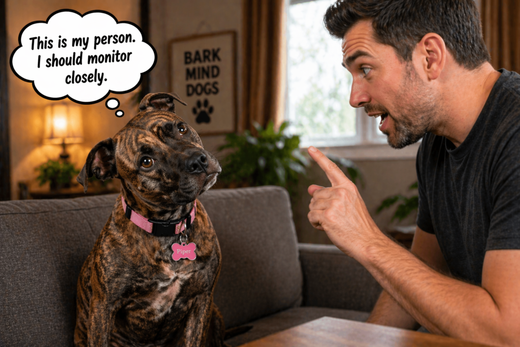 brindle dog Piper with pink collar tilting head while watching owner closely as he talks showing attentive dog behavior and human bonding
