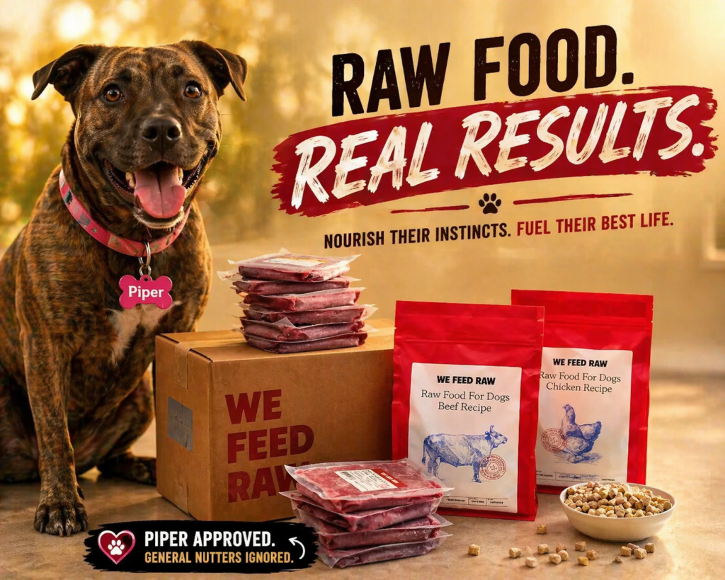 Brindle dog named Piper with pink collar sitting beside We Feed Raw dog food products in warm golden light, showing raw dog food vs kibble comparison