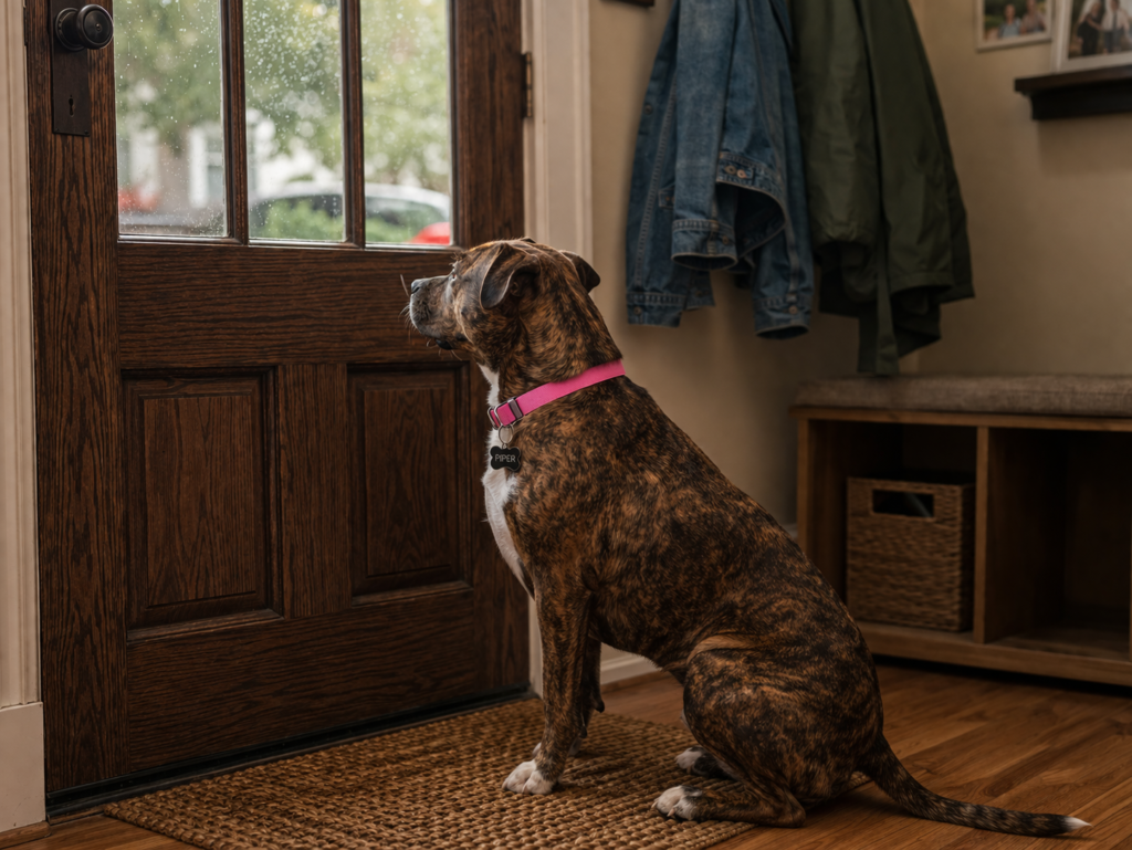 brindle dog sitting at door separation anxiety waiting for owner to return