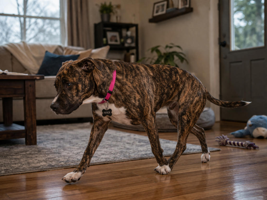 brindle dog pacing in living room separation anxiety behavior when alone