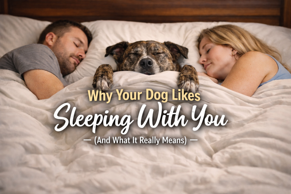 Brindle dog sleeping under the covers between a couple in bed, with head and paws showing, representing why dogs love sleeping with their owners