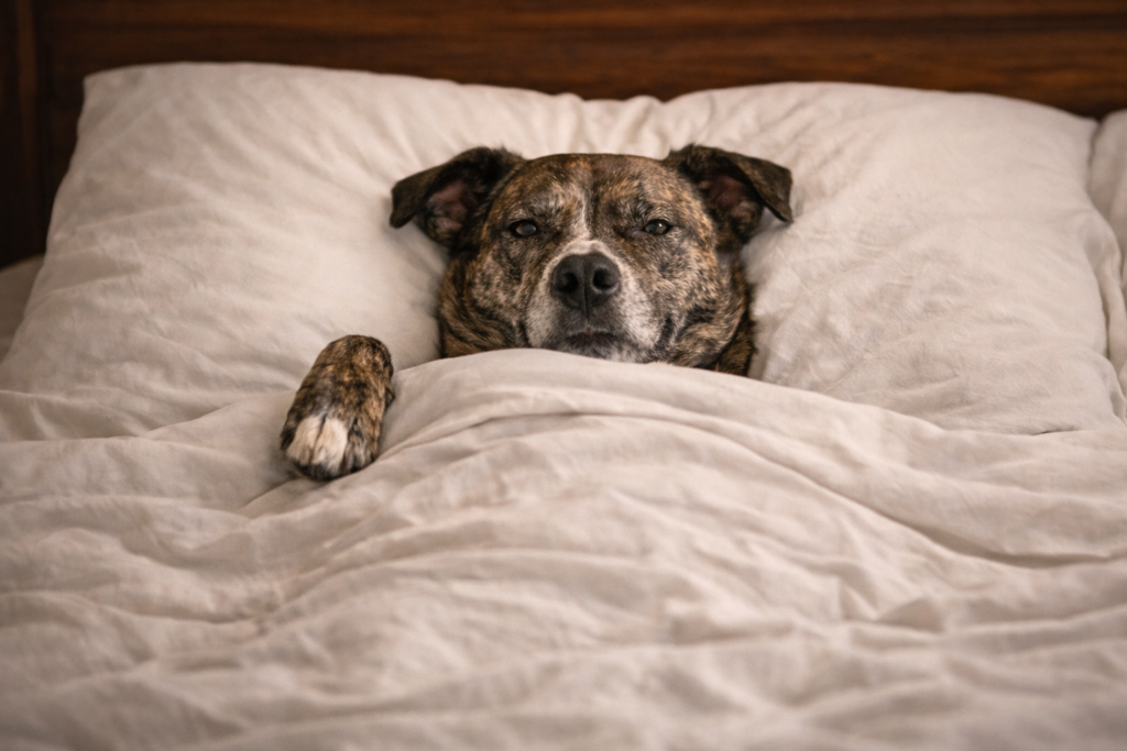 Brindle dog tucked under bed covers with head on pillow, humorously showing how dogs love sleeping close to their owners