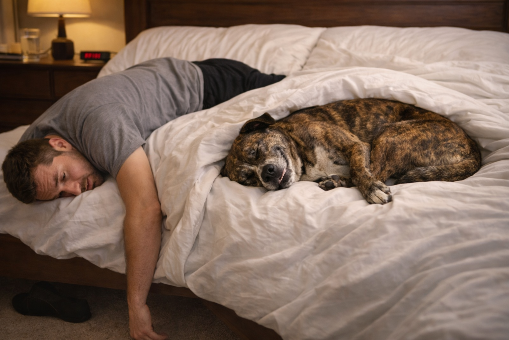 Brindle dog sleeping comfortably in the middle of the bed while a man hangs half off the edge, humorously showing how dogs take over their owner’s sleeping space