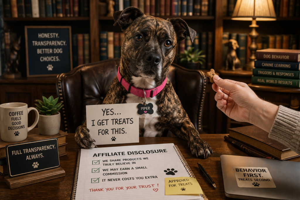 Brindle dog Piper with natural ears and pink collar sitting at a desk in a library holding a sign about getting treats, representing affiliate disclosure and behavior reinforcement.