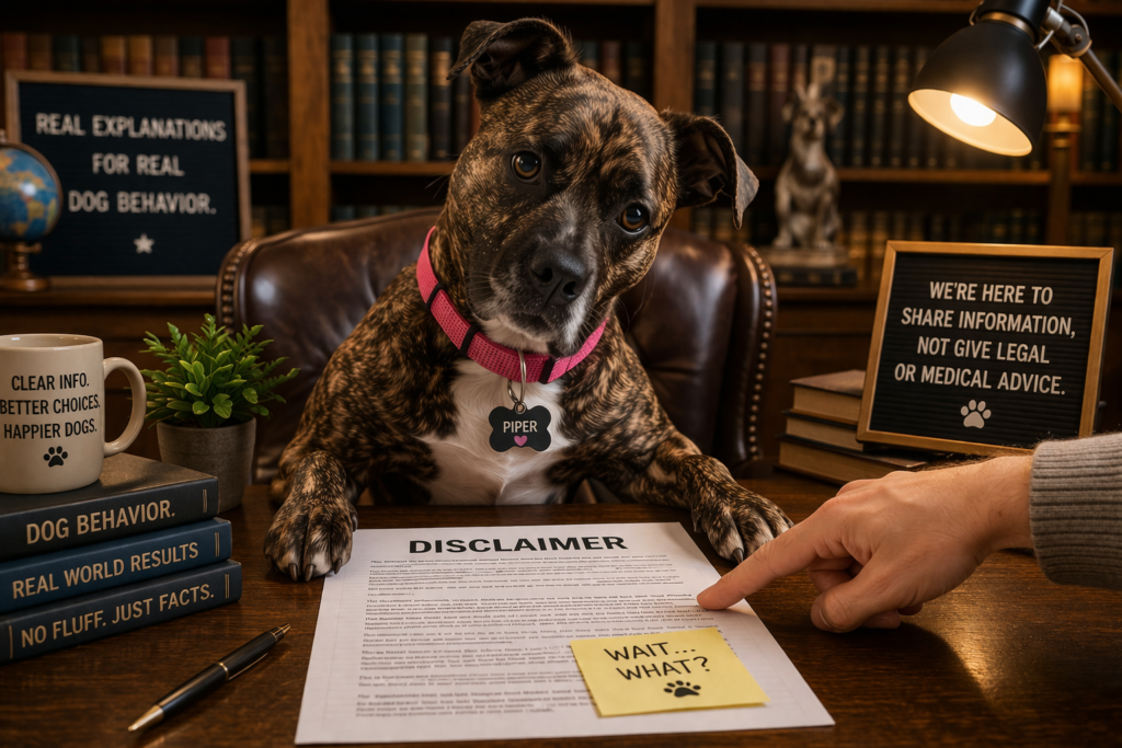 Brindle dog Piper with natural ears and pink collar sitting at a desk reading a disclaimer document with a confused expression, representing transparency and understanding dog behavior information.