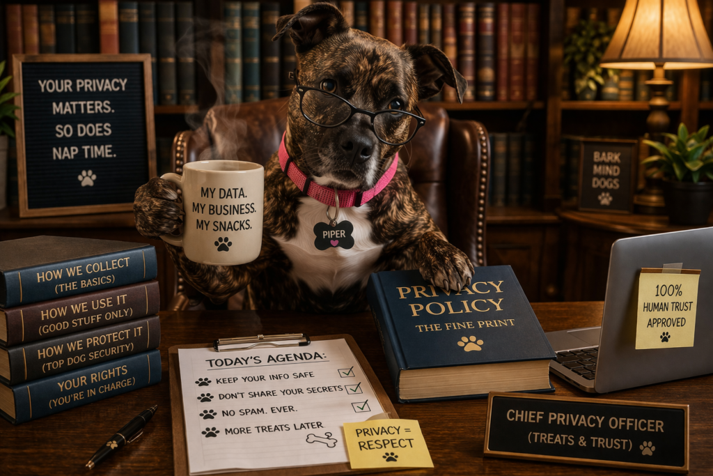 Brindle dog Piper with natural ears and pink collar sitting at a desk in a library wearing glasses and holding a coffee mug about data privacy, representing a privacy policy in a humorous way.