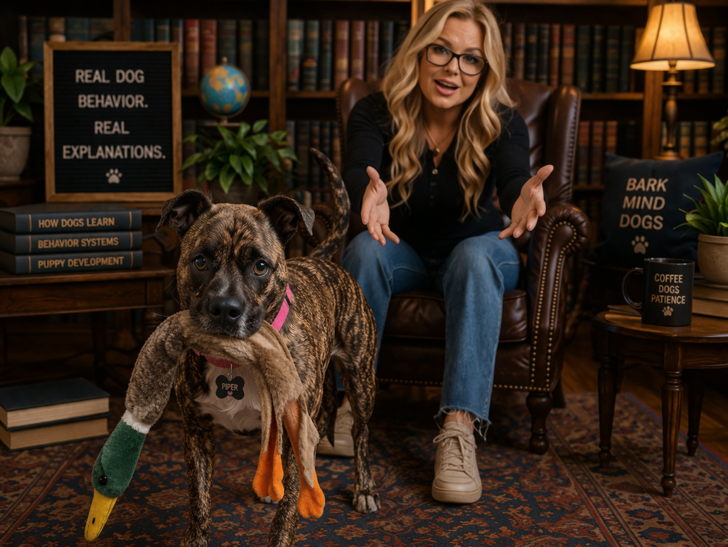 Brindle dog Piper with natural ears and pink collar holding a very floppy, stuffingless mallard duck toy in her mouth while standing in a cozy library room, with a woman in the background encouraging her to come closer.