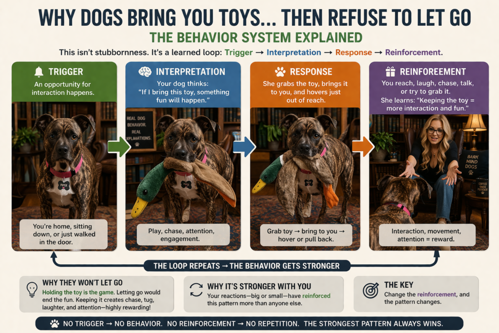 Dog behavior system diagram showing the learning loop of trigger, interpretation, response, and reinforcement using Piper and a toy example, illustrating how repeated interaction strengthens behavior patterns.