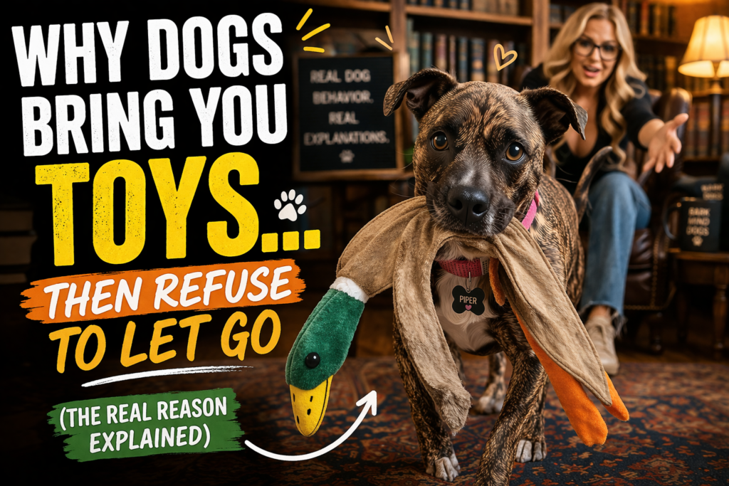 Brindle dog Piper with natural ears and pink collar holding a floppy mallard duck toy while a woman reaches toward her, with bold text reading why dogs bring toys then refuse to let go, illustrating dog behavior and reinforcement.