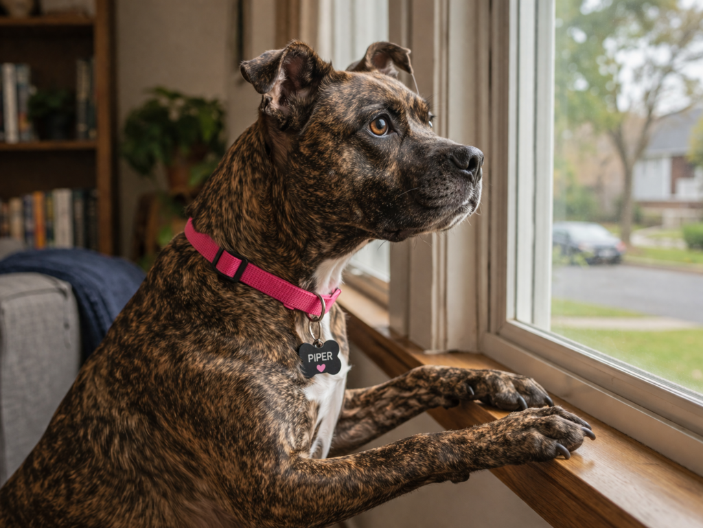 brindle dog alert at window noticing environmental trigger looking outside