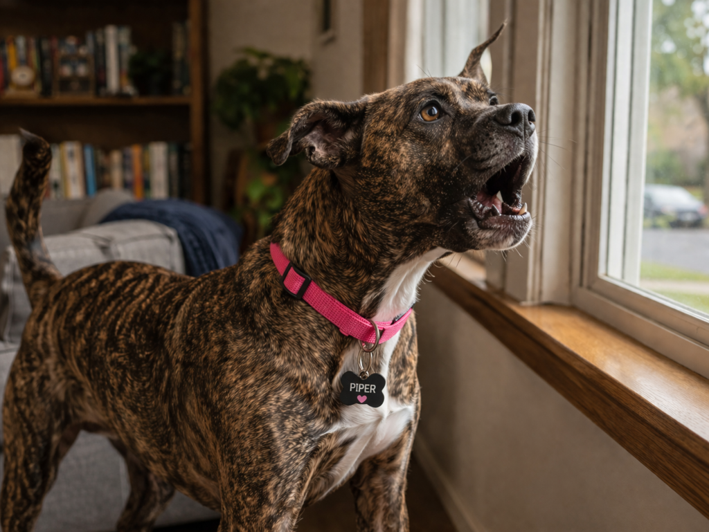 brindle dog barking at window reacting to environmental trigger alert behavior