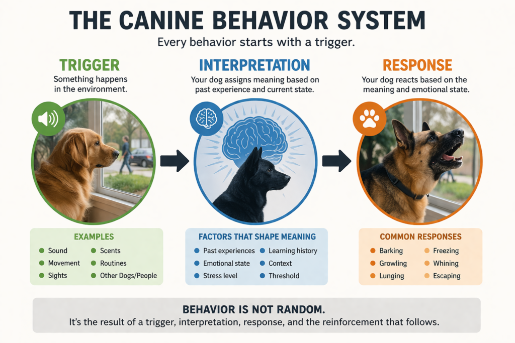 dog behavior diagram showing trigger interpretation response system flow