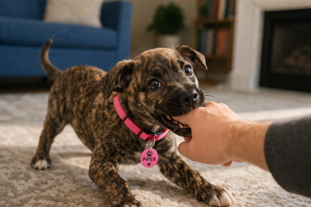 Playful brindle puppy named Piper wearing a pink collar gently biting a person’s hand during indoor play, illustrating normal puppy mouthing behavior and early learning patterns.