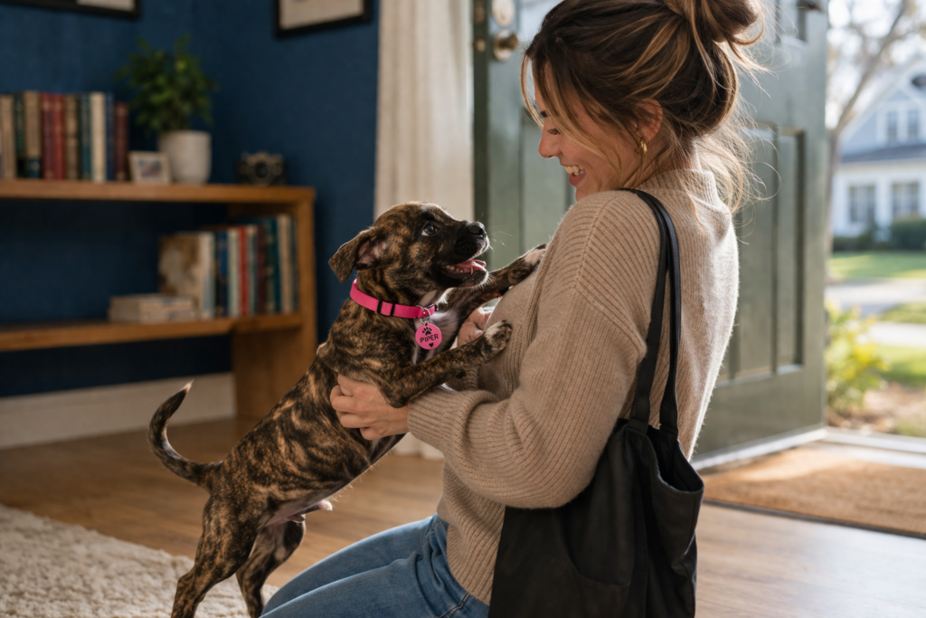 Young brindle puppy Piper wearing a pink collar jumps up excitedly on a guest entering the home, illustrating attention-seeking behavior and greeting excitement in early puppy development.