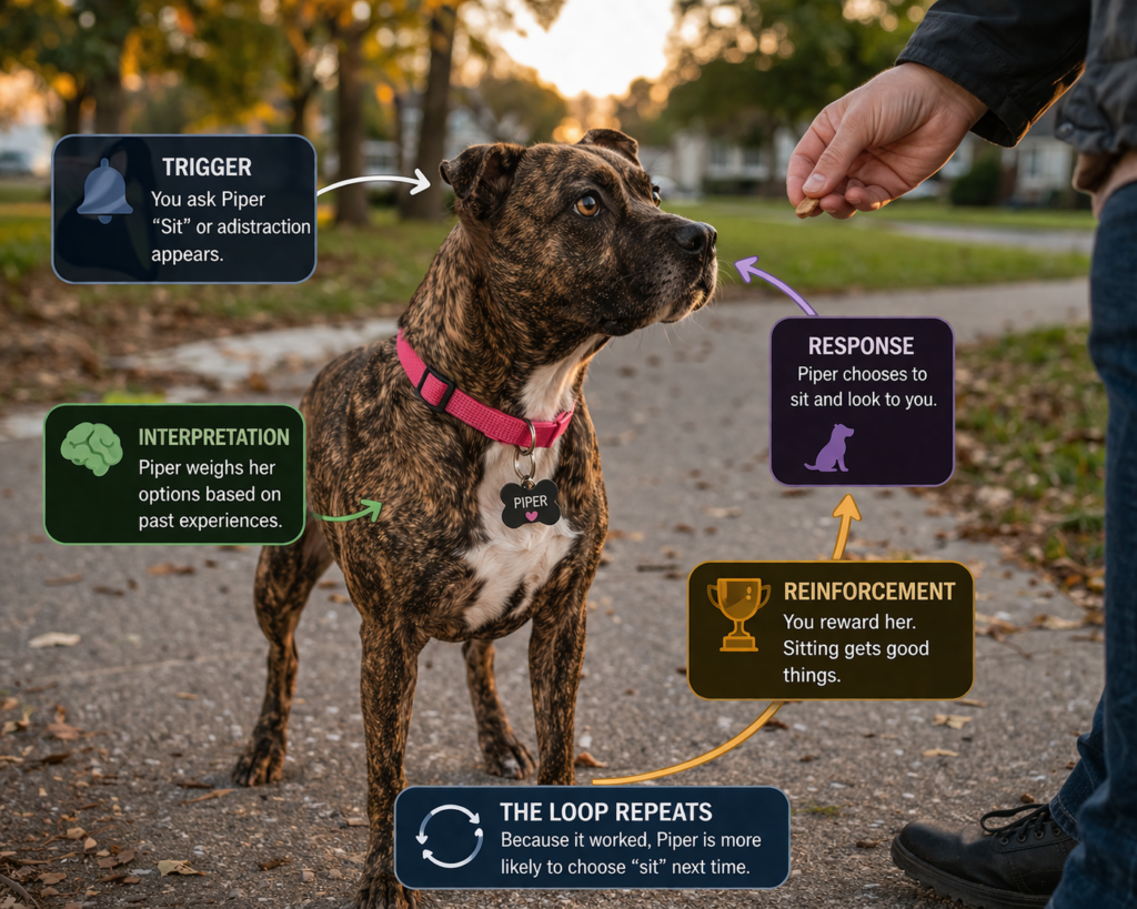 dog learning in real world environment with competing triggers