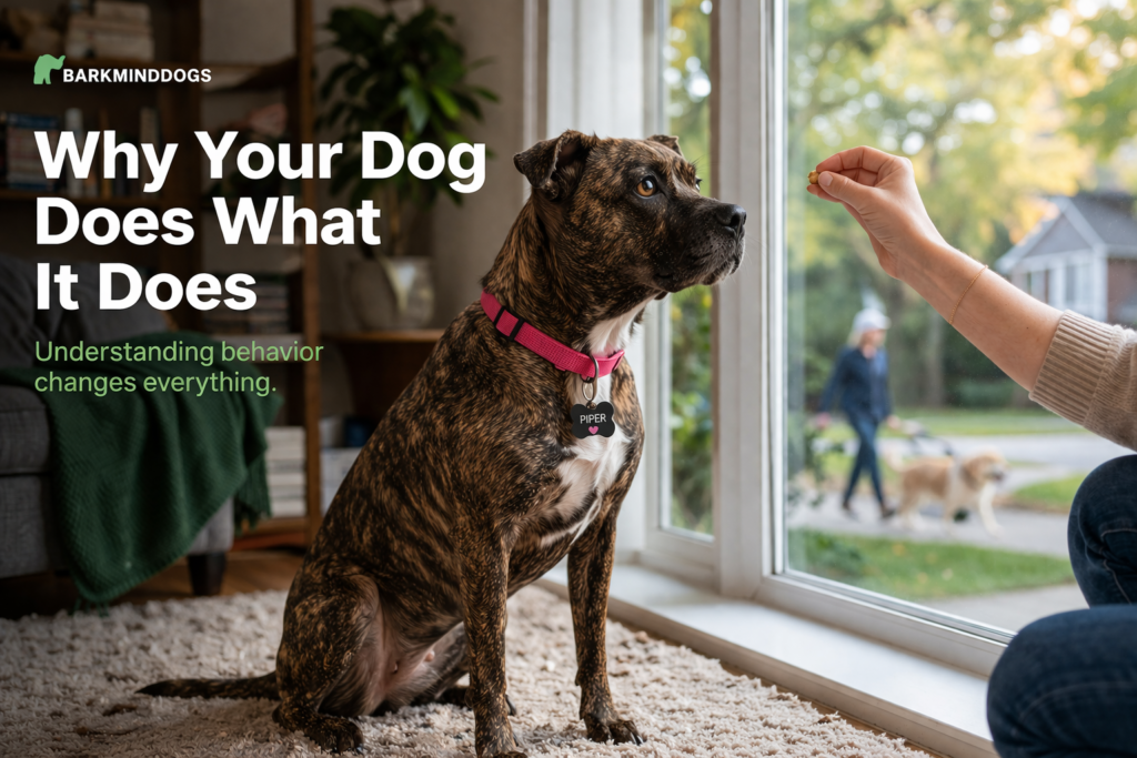 Brindle dog Piper with natural ears and pink collar sitting indoors, focused between a treat cue from owner and a distraction outside, illustrating how dogs choose behavior based on triggers and reinforcement.