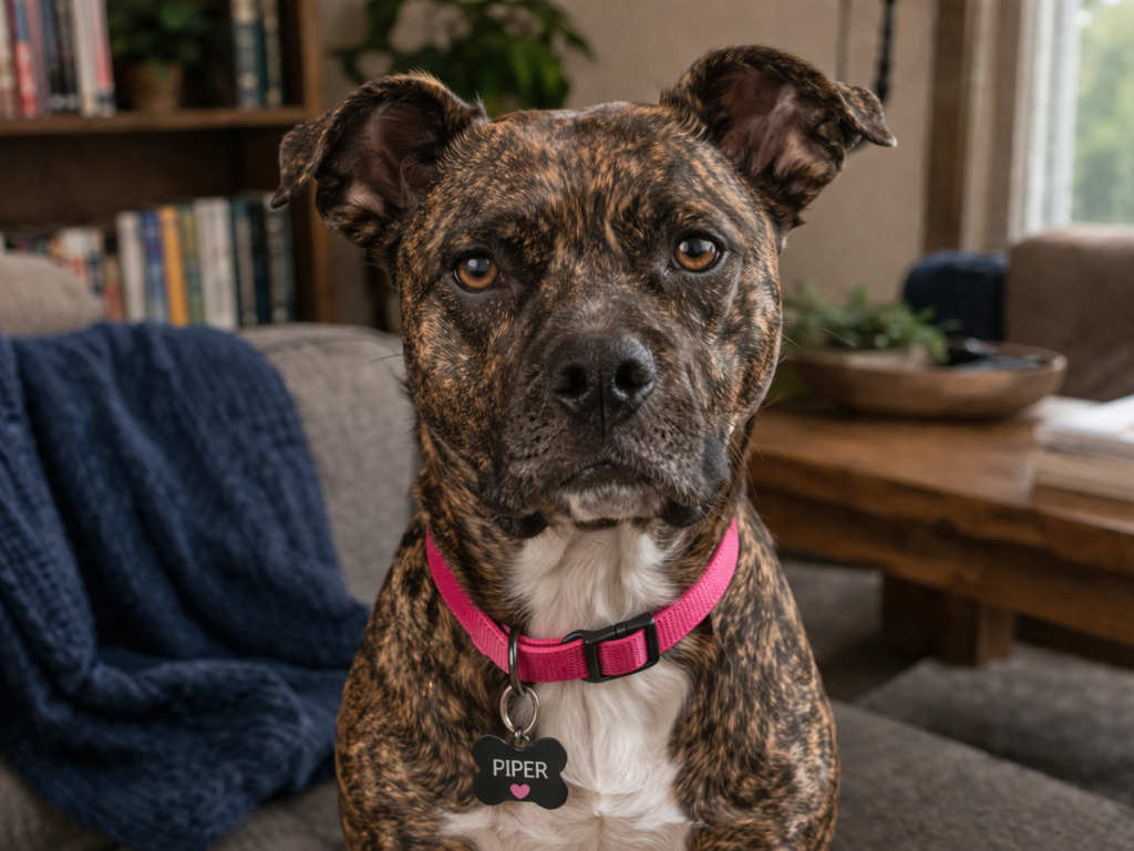 Piper the brindle dog giving a serious judgmental stare in a cozy living room, illustrating the “are you still alive” dog behavior check-in moment