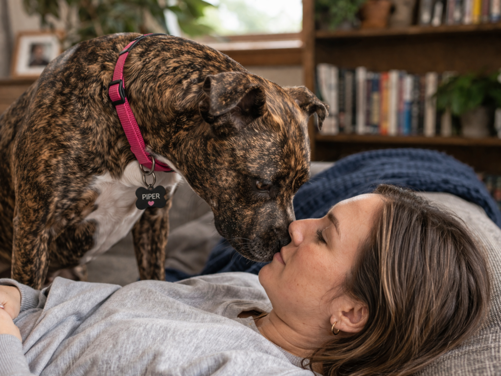 Piper the brindle dog sniffing her owner’s face on a couch, illustrating the dog “are you still alive” check-in behavior
