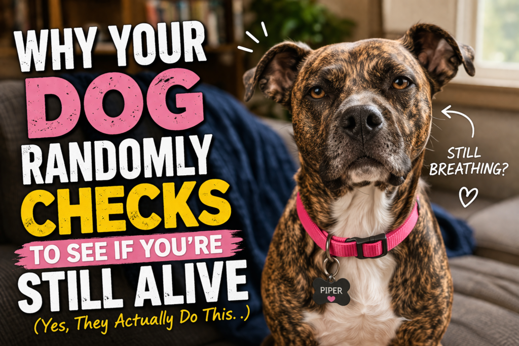 Piper the brindle dog giving a serious judgmental stare with bold text “Why Your Dog Randomly Checks to See If You’re Still Alive” illustrating dog check-in behavior