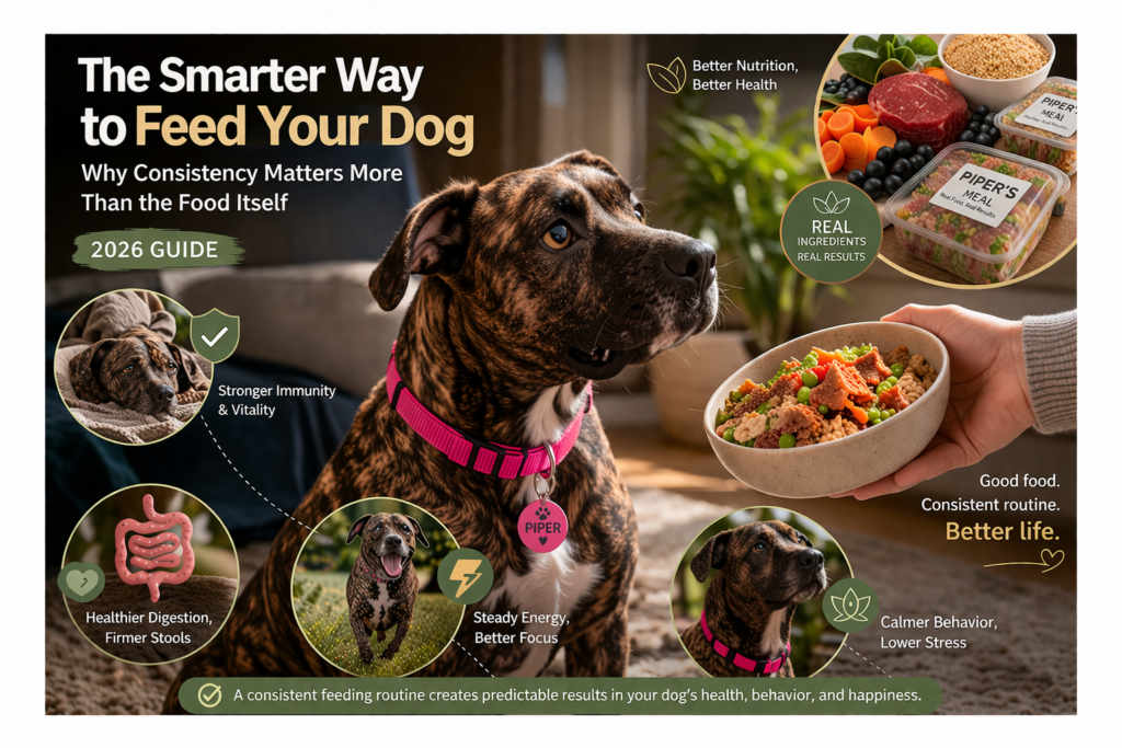brindle dog looking at fresh dog food bowl showing healthy feeding routine and consistency