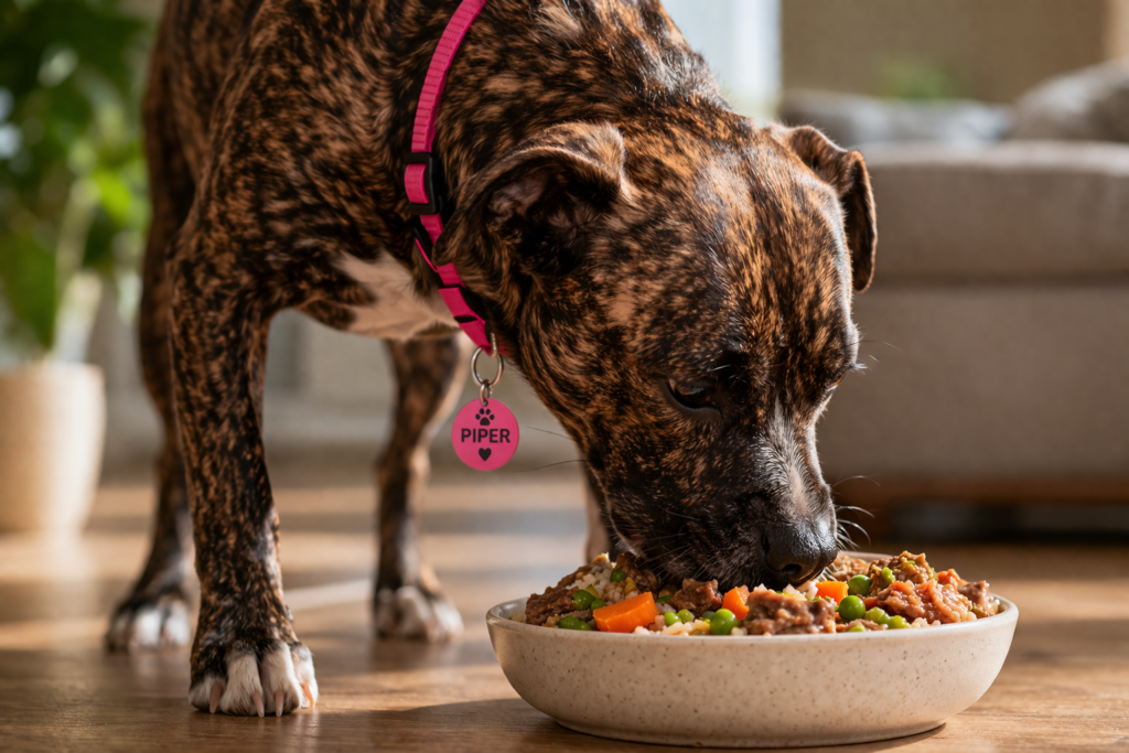 dog eating fresh balanced meal from bowl showing consistent feeding routine indoors
