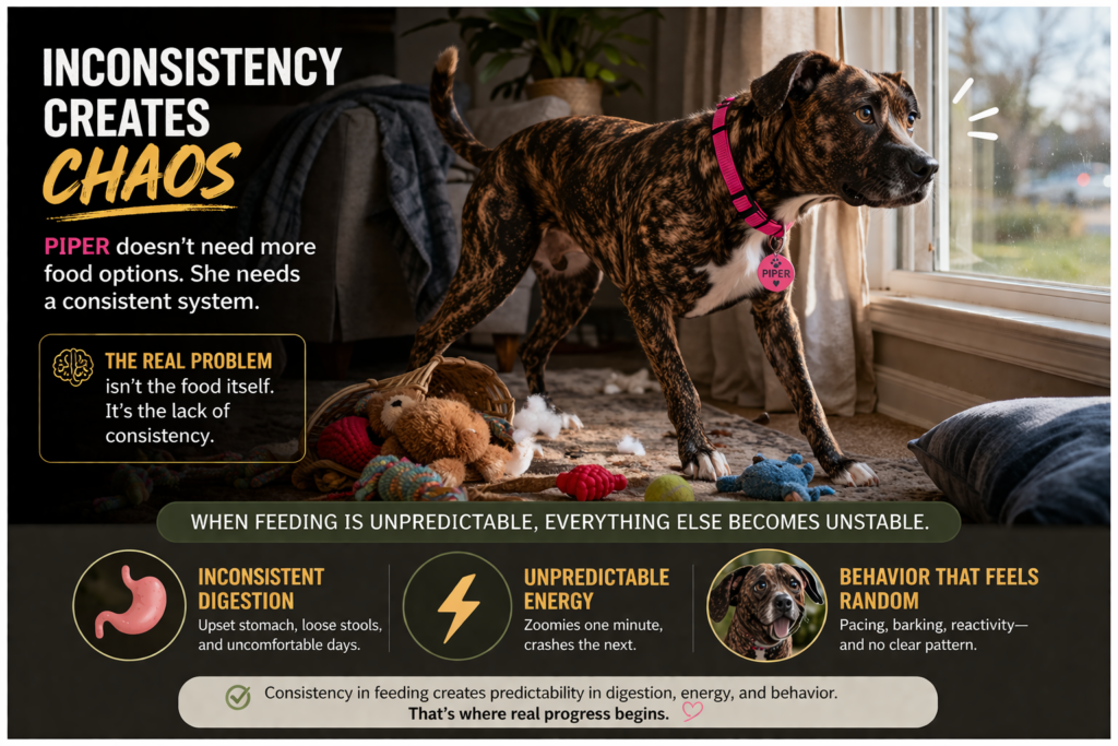 brindle dog displaying anxious and unpredictable behavior caused by inconsistent feeding and routine