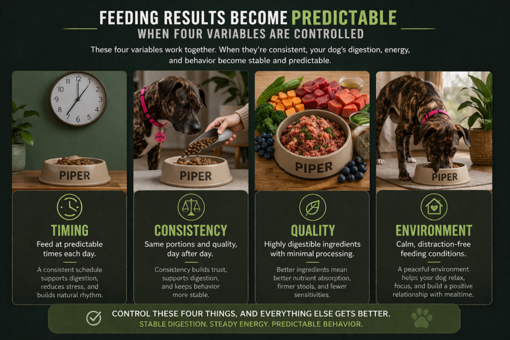 dog feeding system showing timing consistency quality and environment for predictable behavior and digestion
