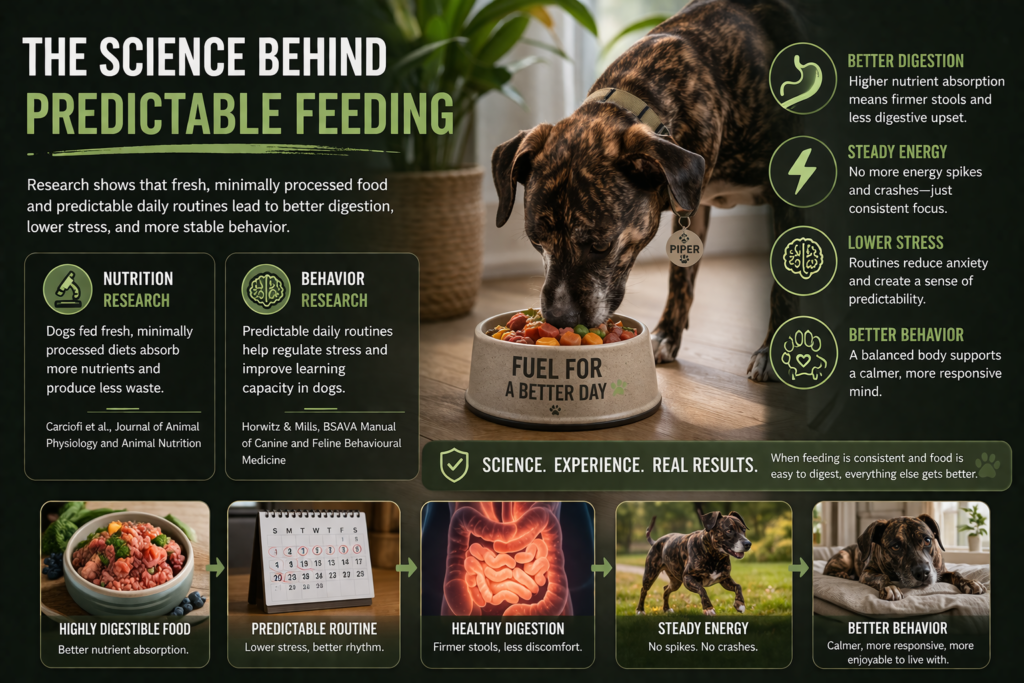 dog eating fresh food showing improved digestion energy and behavior from consistent feeding routine