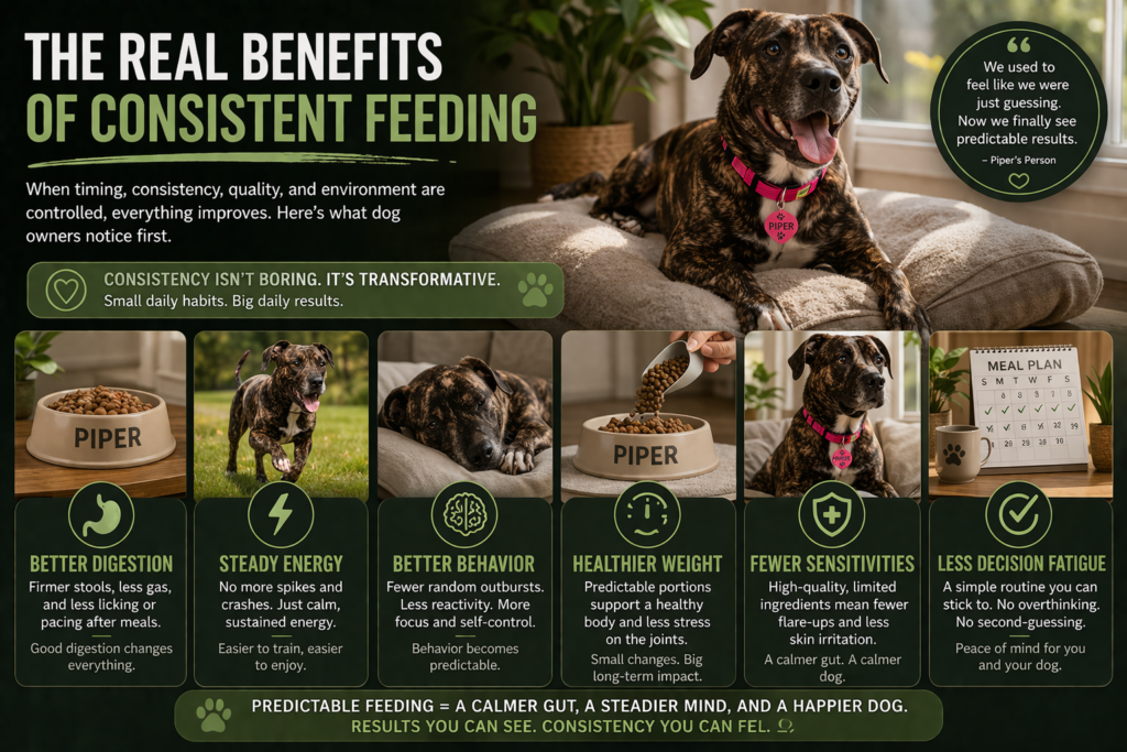 dog showing improved digestion steady energy and calmer behavior from consistent feeding routine
