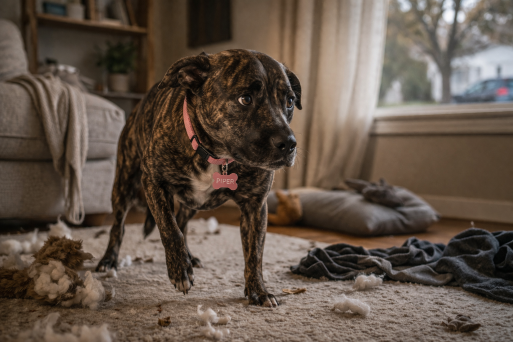 brindle dog wearing pink collar showing slightly anxious and unsettled behavior indoors due to inconsistent routine and uncertainty