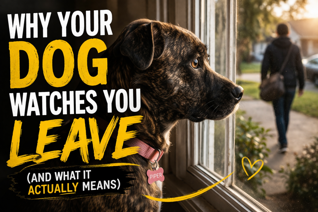 brindle dog wearing pink collar watching owner leave through window with emotional expression and bold text why your dog watches you leave