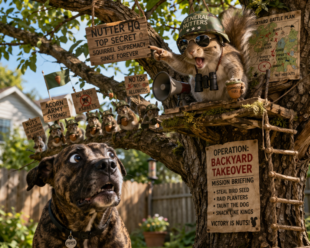 Brindle dog Piper looking up in surprise at a squirrel dressed as “General Nutters” commanding a humorous backyard army from a tree with signs and acorn-themed battle plans