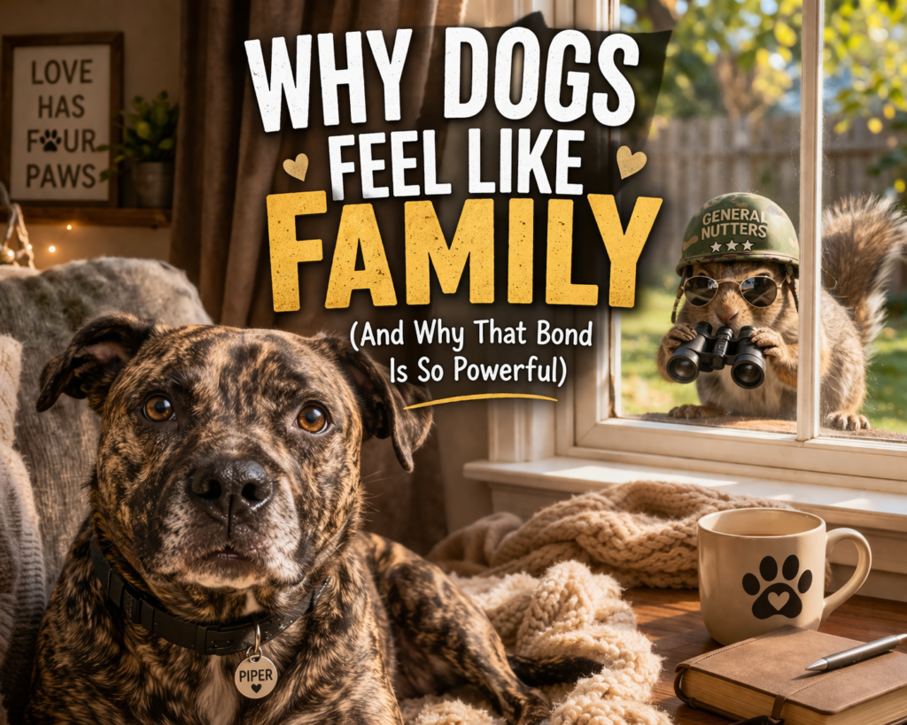 Brindle dog Piper sitting indoors looking forward while a squirrel named General Nutters humorously peers through the window behind her, illustrating the emotional bond between dogs and their owners