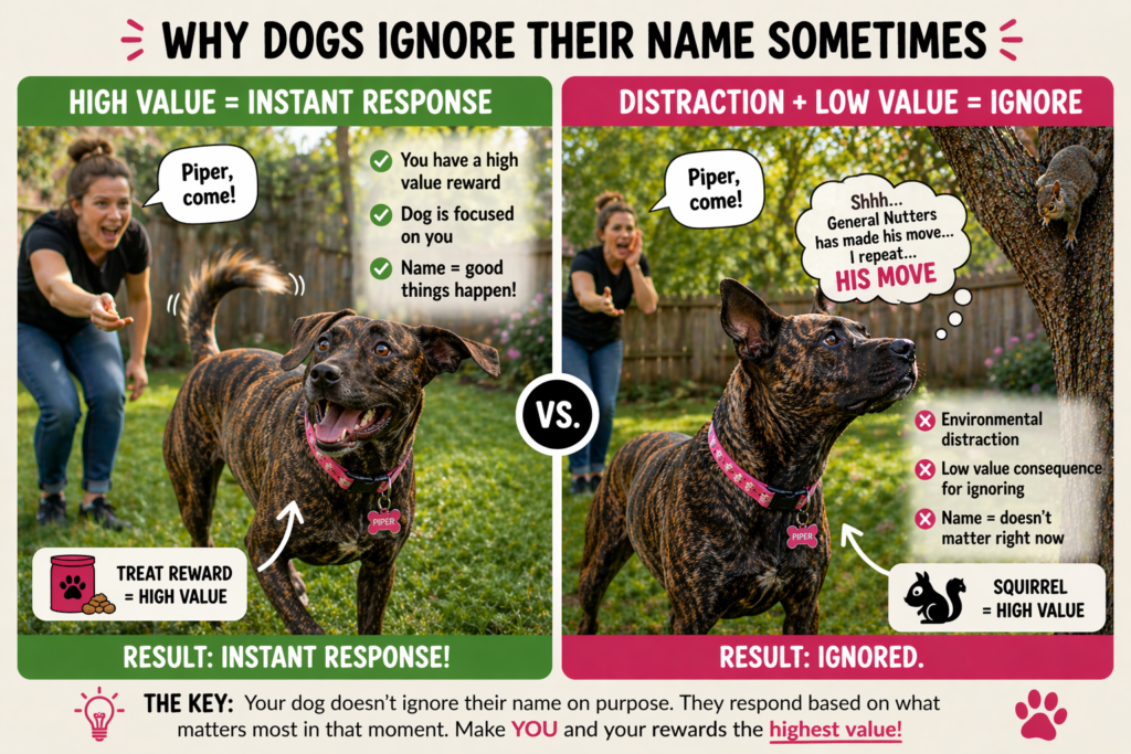 visual comparison of dog name recognition depending on reward value versus environmental distractions