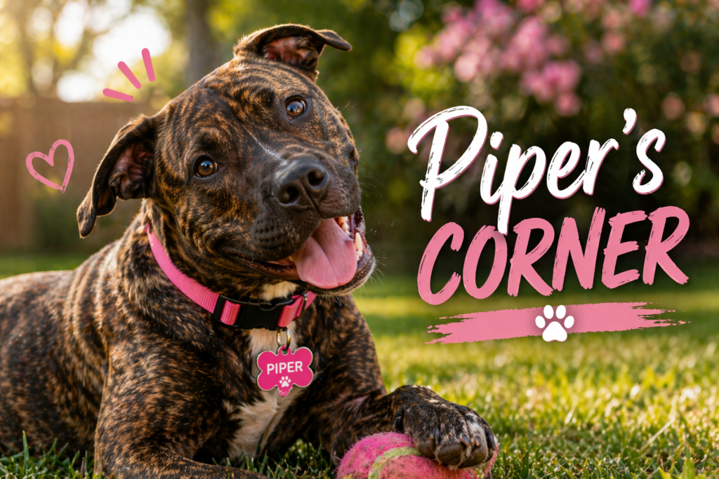 Piper brindle dog pink collar name tag dog playing outside Piper’s Corner dog photos videos dog personality