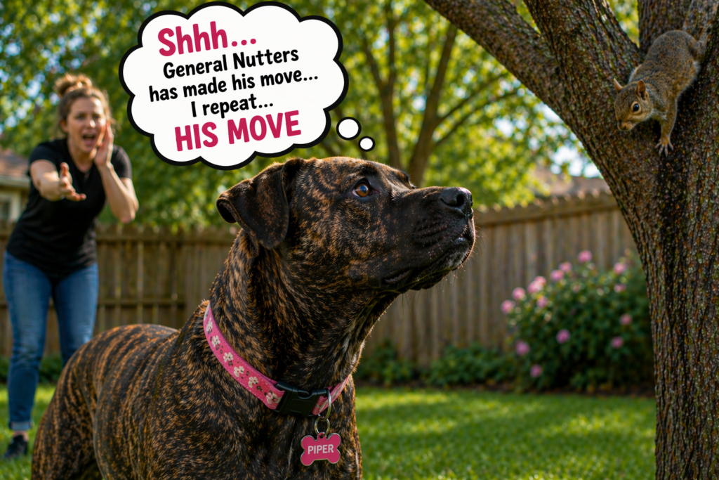 brindle dog named Piper with pink collar staring at squirrel in tree while ignoring owner calling her name with funny thought bubble about General Nutters