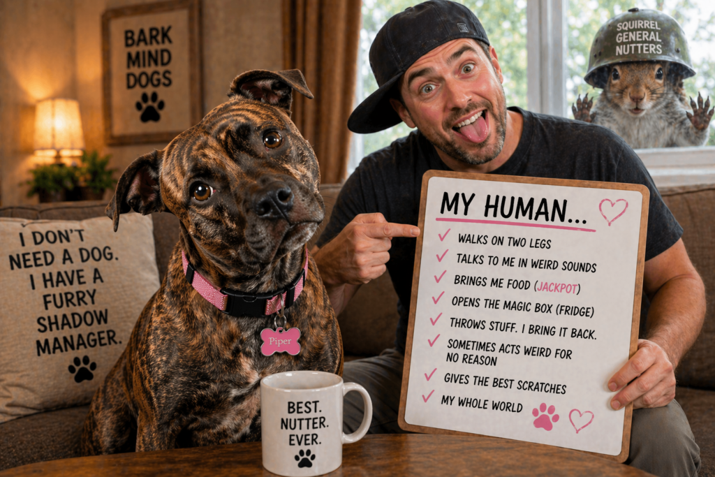 brindle dog Piper tilting head while watching human behavior confused curious expression