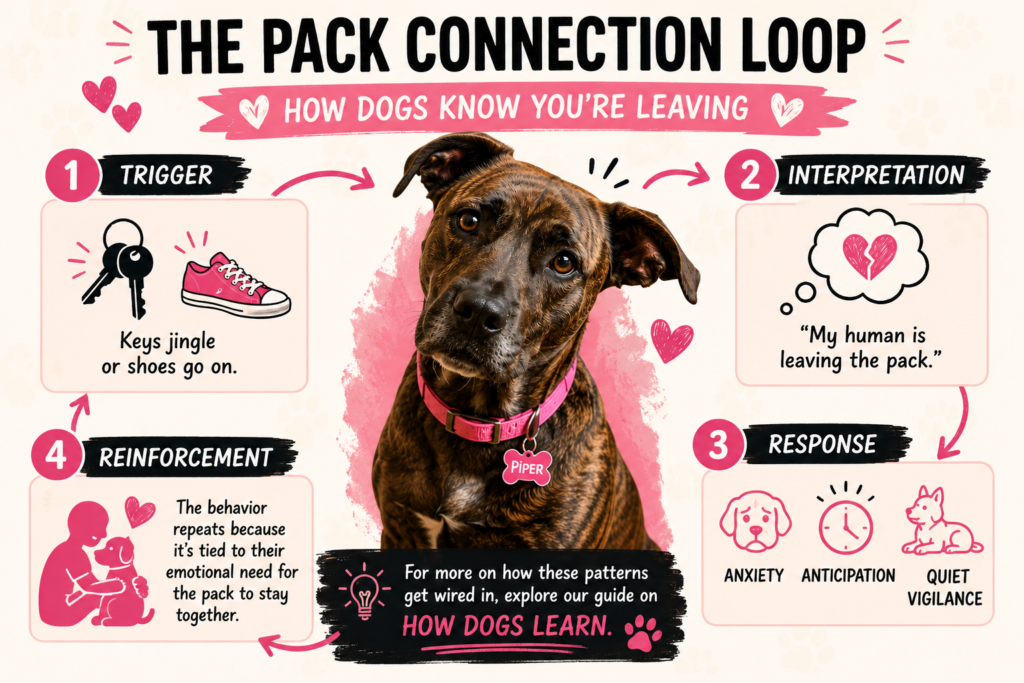 Bright Pinterest-style infographic titled “The Pack Connection Loop: How Dogs Know You’re Leaving” featuring Piper, a brindle female dog wearing a pink collar and pink name tag that says “Piper,” in the center of a four-step emotional behavior cycle. The graphic explains canine attachment behavior using the BarkMind Dogs framework: Trigger, Interpretation, Response, and Reinforcement. Visual icons show keys jingling and shoes going on, Piper interpreting that her human is leaving the pack, emotional responses including anxiety and quiet vigilance, and reinforcement tied to emotional attachment and routine. The infographic uses playful black, white, and pink typography, heart doodles, arrows, and dog behavior illustrations in a clean educational social-media-friendly design.