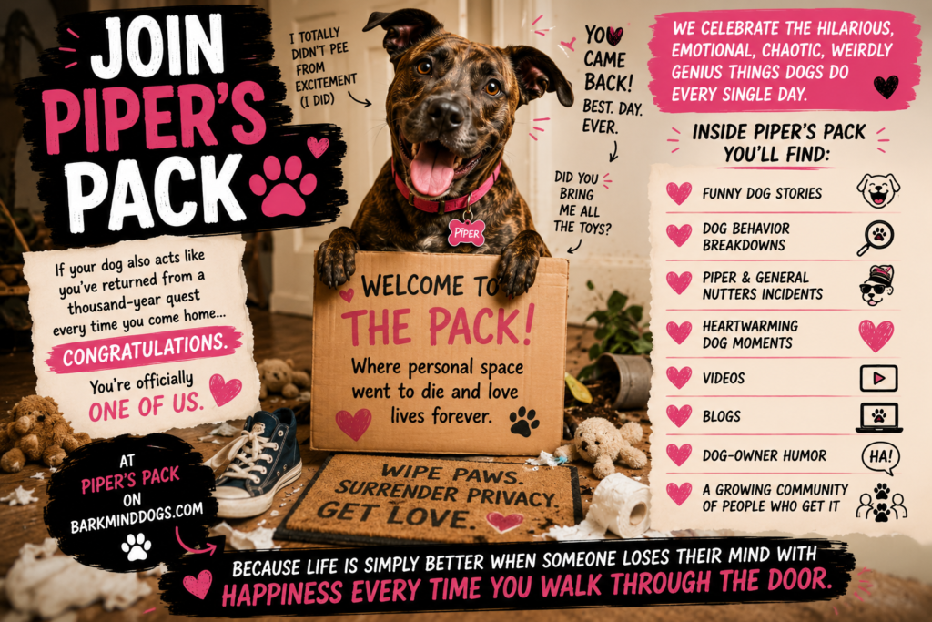 Funny and heartwarming BarkMind Dogs promotional graphic for “Join Piper’s Pack” featuring Piper, a brindle female dog wearing a pink collar and pink name tag that says “Piper,” standing excitedly in a messy home entryway surrounded by toys, shredded paper, shoes, and chaos. Piper smiles happily while holding a cardboard sign that says “Welcome to the Pack!” Additional humorous text jokes about dogs losing their minds when owners come home, surrendering privacy, emotional support, and endless affection. The graphic includes playful black, white, and pink typography, heart doodles, dog humor, and a checklist describing funny dog stories, behavior breakdowns, Piper and General Nutters incidents, videos, blogs, and a dog-loving community at BarkMindDogs.com.
