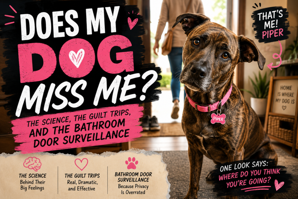 Featured image for a BarkMind Dogs blog post titled “Does My Dog Miss Me? The Science, the Guilt Trips, and the Bathroom Door Surveillance.” The image features Piper, a brindle female dog wearing a pink collar and pink name tag that says “Piper,” sitting near a front door with a sad, emotional expression as her owner leaves the house. Large dynamic black, white, and pink typography surrounds Piper with humorous phrases about dogs missing their owners, guilt trips, and bathroom door surveillance. The design is bright, emotional, funny, and optimized for blog and social media engagement.