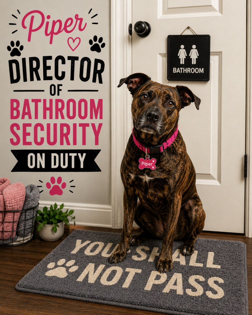 Brindle female dog named Piper wearing a pink collar and pink name tag sitting attentively outside a bathroom door beside humorous “Director of Bathroom Security on Duty” text, illustrating protective and watchful dog behavior for Bark Mind Dogs.