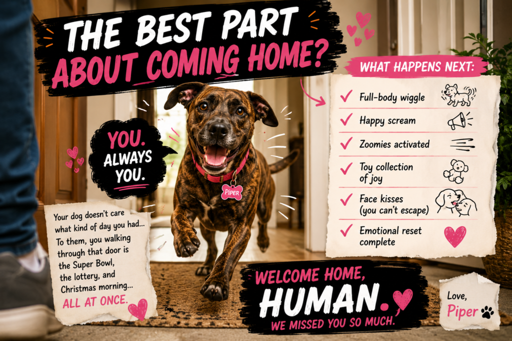 Funny and heartwarming BarkMind Dogs graphic featuring Piper, a brindle female dog wearing a pink collar and pink name tag that says “Piper,” sprinting excitedly toward her owner after they return home. Large bold text reads “The Best Part About Coming Home? YOU. Always You.” Additional humorous checklist items include full-body wiggle, happy scream, zoomies activated, toy collection of joy, face kisses, and emotional reset complete. The image uses bright black, white, and pink typography with playful doodles, emotional expressions, and a warm home setting to illustrate how much dogs miss and love their humans.